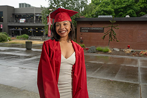 EvCC graduate and student athlete Jamira Barnes in commencment cap and gown
