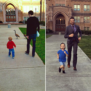 Colby Droullard with his son starting and then finishing his time at the University of Washington