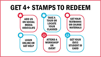 Welcome Day Stamp Card, Get 4+ Stamps to Redeem. Add us on social media @evcclife. Take a tour or locate your classes. Get your textbooks or course materials. Login online or get help. Attend a workshop or event. Get your EvCC Student ID Card.