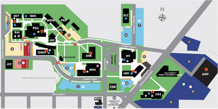 A map of EvCC with stars on the buildings containing bins for donation. These locations are from the list above. 