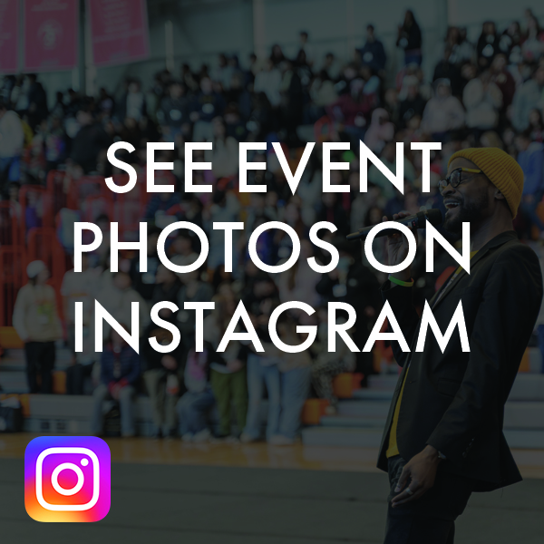 Photo of emcee in yellow hat with glasses in front of crowd with text over photo "See event photos on instagram"