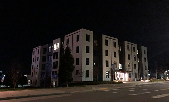Cedar Hall at night.