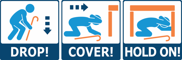 1. DROP! (Figure drops to hands and knees while holding the cane). 2. COVER! (Figure crawls to cover under a table, dropping the cane nearby). 3. HOLD ON! (Figure is fully under a table, covering their head and neck).