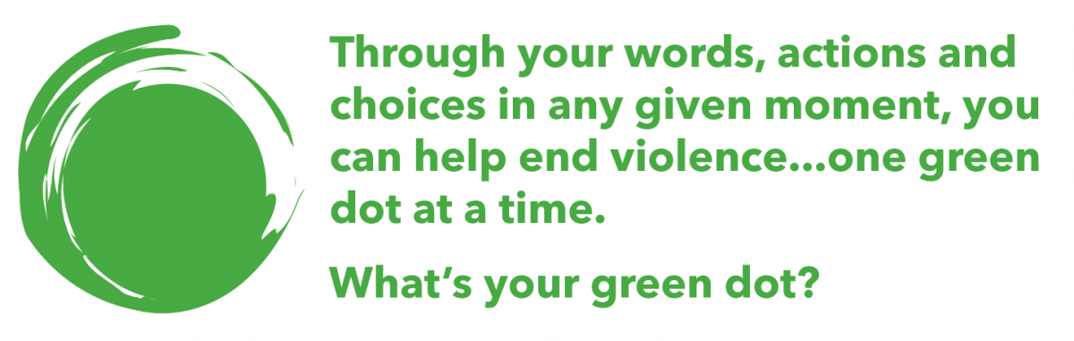 Green Dot image with text. Through your words, actions, and choices in any given moment, you can help end violence one green dot at a time. What's your green dot?