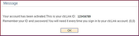 ctcLink Account Activation Confirmation Screen