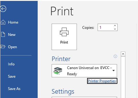 Print dialog box in Microsoft Word with the "Printer" dropdown menu open, showing the Canon Universal on EVCC print option
