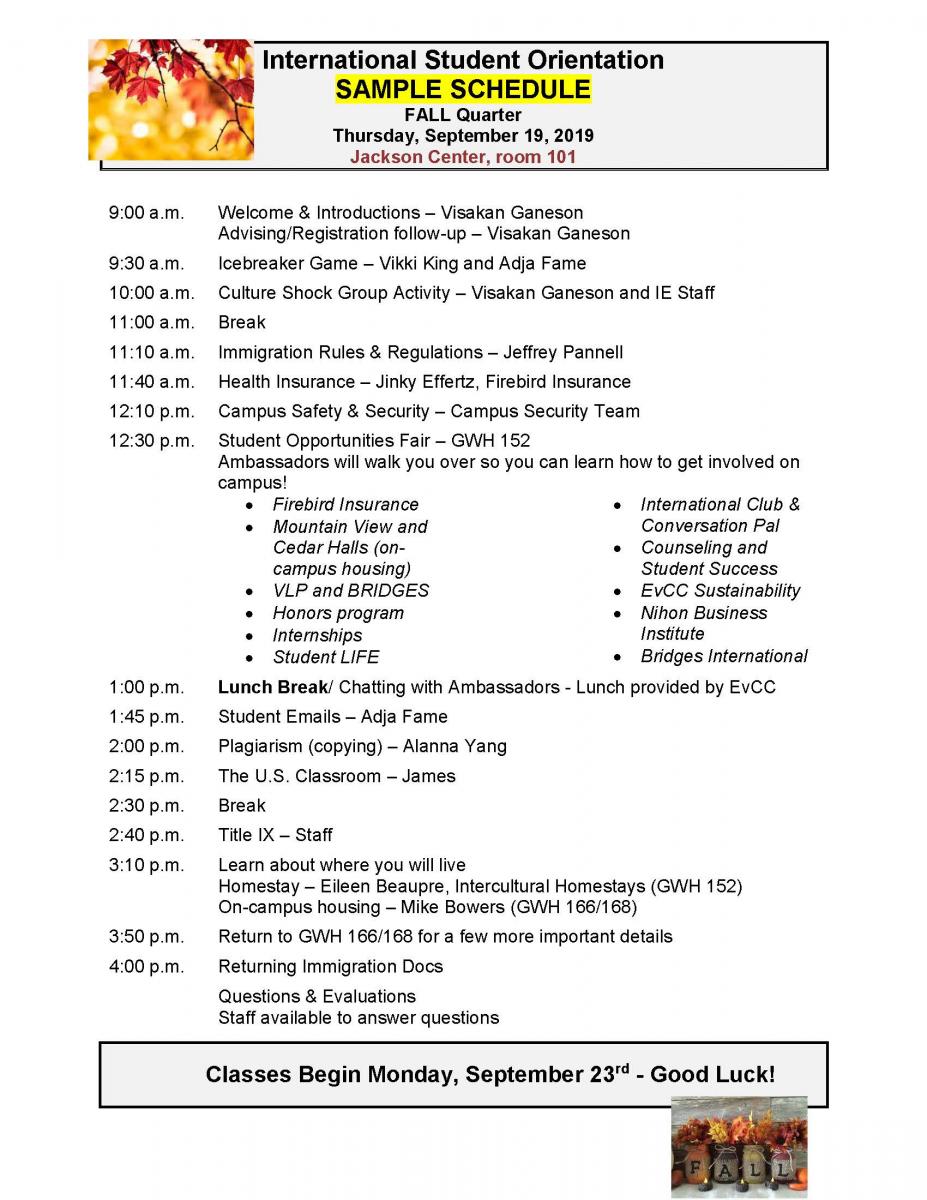 Orientation Day Schedule - Fall 2019