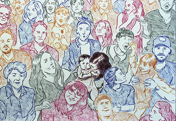 Christina Blomberg artwork, featuring a sketch of people making different facial expressions.