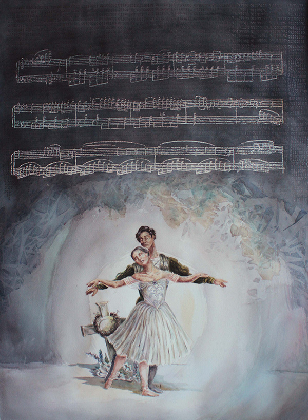 Christina Blomberg artwork, featuring two people dancing below sheet music.