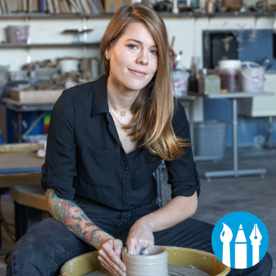 A student makes pottery, with an icon of art supplies in the corner.