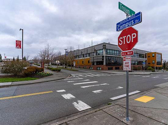 Intersection of Trojan Way and Campus Drive.