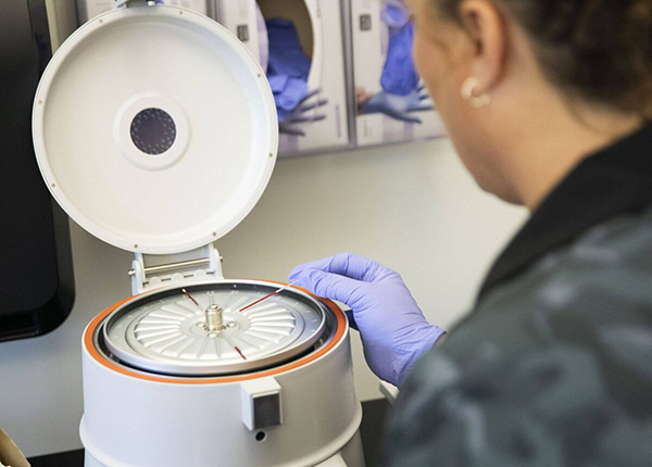 Hematocrit test is placed in a centrifuge on Wednesday, Aug. 7, 2024 in Everett, Washington. (Olivia Vanni / The Herald)
