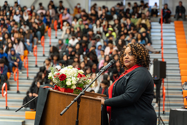 Everett Community President Chemene Crawford welcomes more than 1,800 middle and high school students and hundreds of professionals, volunteers and chaperones to the 19th Students of Color Career Conference. 