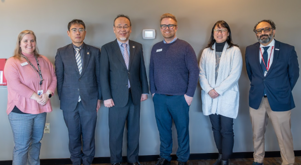  Kristen McConaha, Everett Community College's Executive Director of College Advancement and the EvCC Foundation; Mr. Takeru Terasawa, Office of the President of J.F. Oberlin University; Dr. Hiroaki Hatayama, JFOU President; Brandon Dyer, EvCC Vice President of Strategic Enrollment Management and Student Success; Ms. Mari Maruyama, Executive Director of the Obirin-Gakuen Foundation of America; and Ali Soltanshahi, EvCC Executive Director of International Education.
