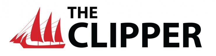 Logo for the E V C C Clipper featuring a red Viking style sail boat on a white background and the words 'The Clipper'.
