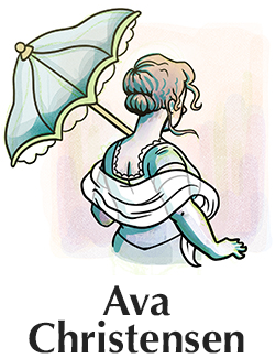 illustration of a person with long hair and a parasol with text that reads Ava Christensen