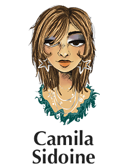 illustration of a persons face with long hair and star shaped earring over text that reads Camila Sidoine