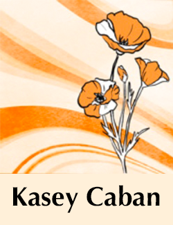 illustration of orange poppy flowers on an orange and cream background. Text reads kasey caban.