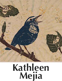 relief printed image of a blue bird above text that reads Kathleen Majia
