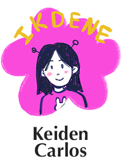 pink floral with illustrated self portrait of the artist with text that reads I K D E N E and Keiden Carlos