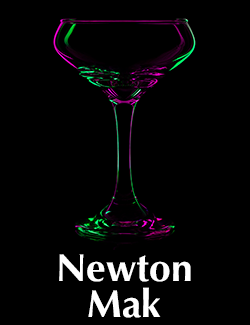 a wine glass defined by reflected green and magenta light on a black background over the name Newton Mak.