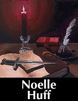 illustration of a dagger, book, and candles on a red ground over the name Noelle Huff.