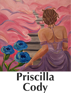 painting of the back of a person in a lilac dress with blue flowers over a pink ground over the name Priscilla Cody.