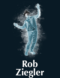 blue and white dynamic figure on a black ground over the name Rob Ziegler.