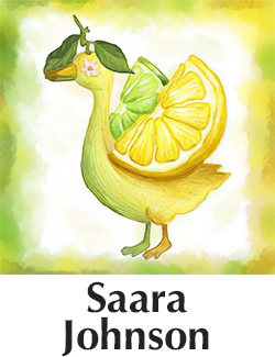 illustration of a lemon and lime winged duck over the name Saara Johnson.