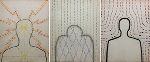 Alana Carter - triptych of paintings of silhouette with energetic dotted lines.