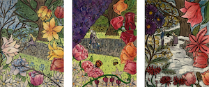 Cambria Cheney- triptych of illustration of bright flowers that frame a young woman, then the woman with a man, and then the woman as an elderly person.
