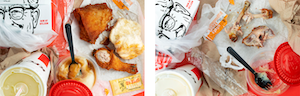 Jade Lofthouse- Diptych of a full KFC meal on the left with an eaten meal on the right.