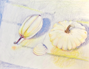 Jessica Bigney- white on white still life of gourds.