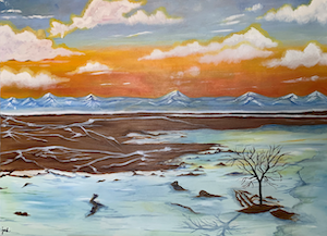 Julendy Mijengos- seascape painting in orange and teal.