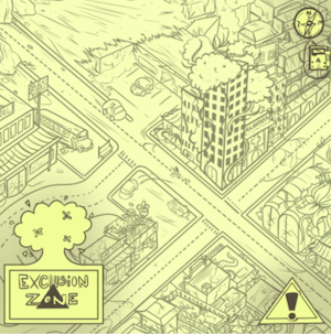Katiana Peters- illustration of a birds-eye view of a post apocalyptic city on a yellow ground.