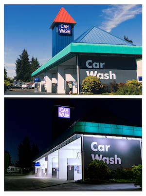Shay Reichow- diptych of a carwash in the day and at night
