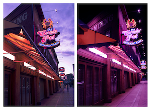 Shay Reichow- diptych of a Crab restaurant in the day and at night
