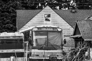 Sile Kiernan- black and white photo of a bus station.