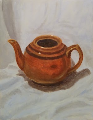 Victoria Soltman- painting of warm toned ceramic tea pot on white ground.
