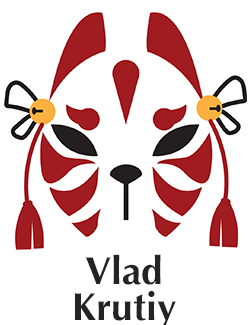 image of a black and red stylized fox mask over the name Vlad Krutiy.
