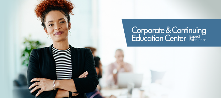 woman smiling with arms crossed and corporate and continuing education logo