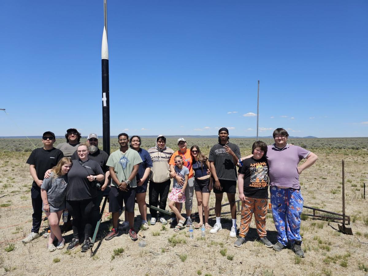 EvCC Rocket Team before test launching a 10.5' rocket in Brothers, Oregon
