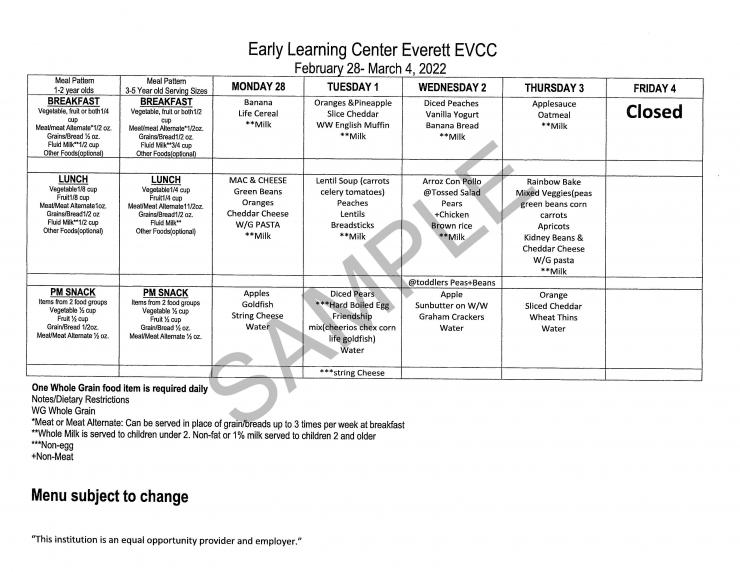 Sample Menu for a Preschooler 