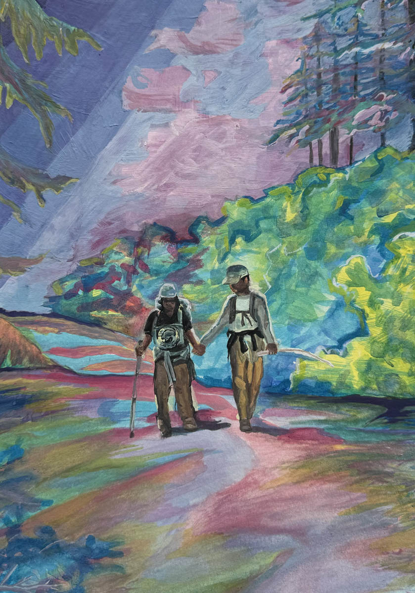Colorful watercolor painting of two hikers with backpacks and walking sticks hiking through a mountain trail, surrounded by lush green foliage and evergreen trees.